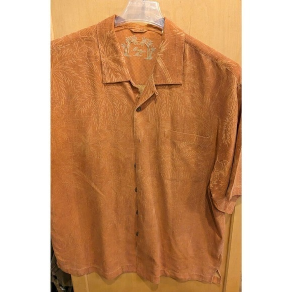 Montego Mon Shirt Mens Large‎ Orange Coconut Drinks Silk Button Up Embroidery